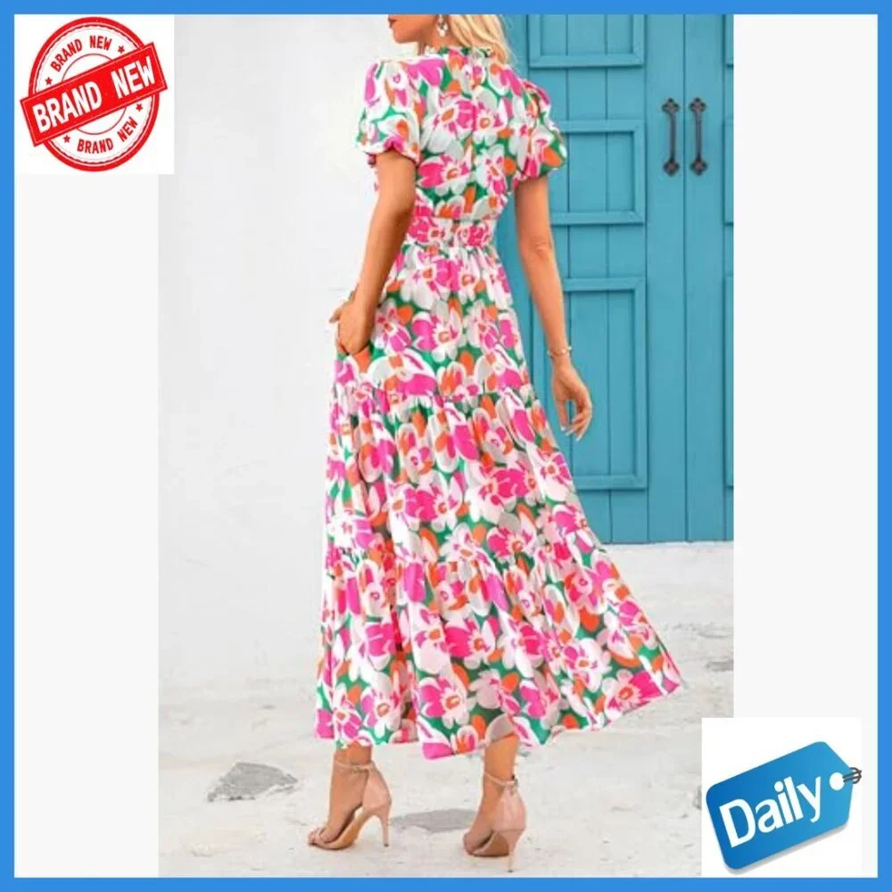 Maxi Dress with Puff Sleeves Smocked Waist Flowy A-Line V-Neck Casual